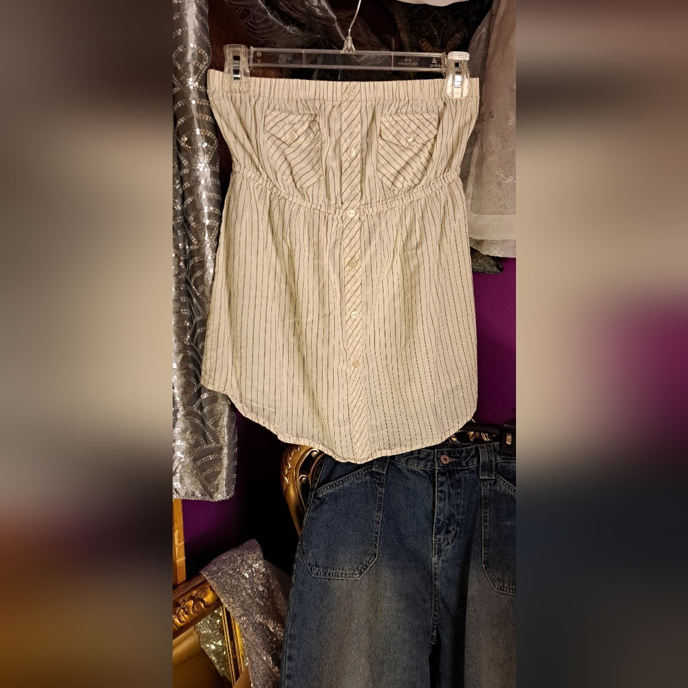 Nollie Cream Strapless Top With Light Blue/Grey Pinstripes. Vintage. Size Med
